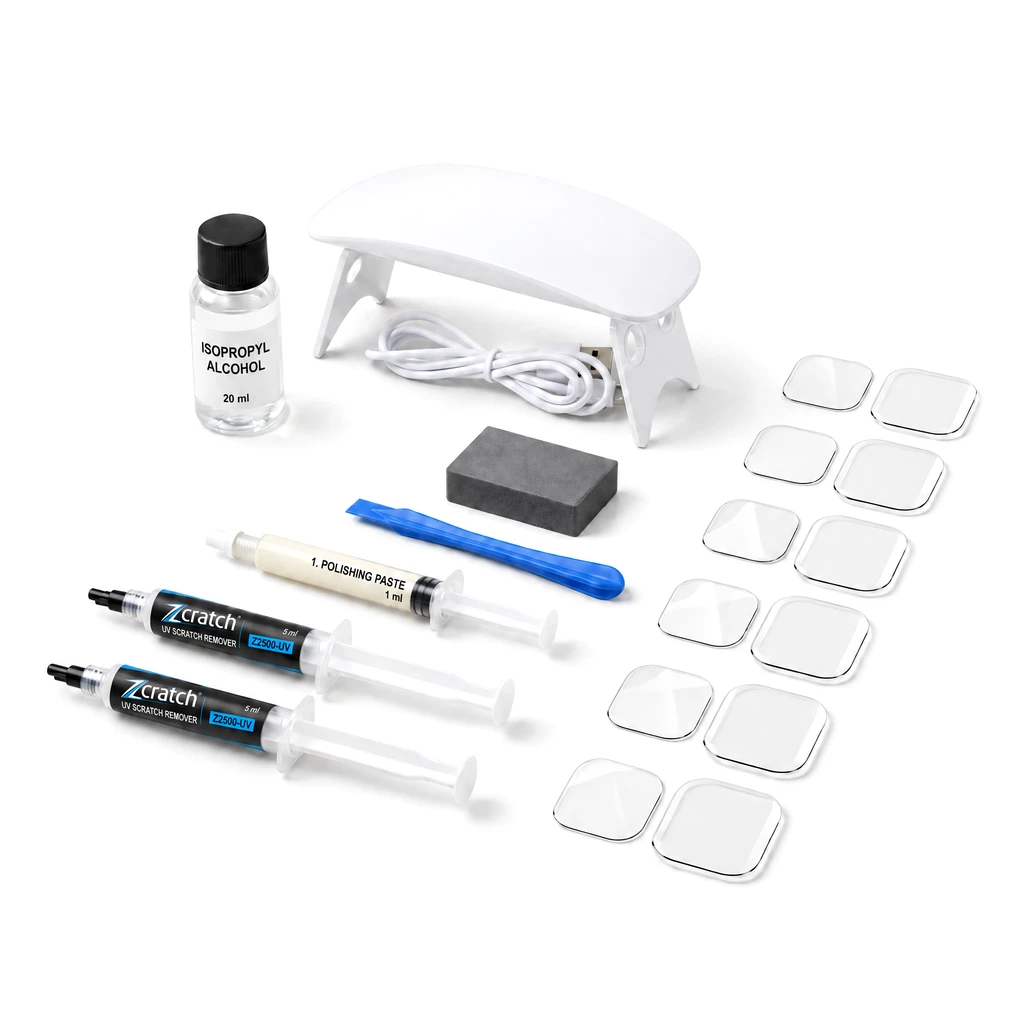 Zcratch Apple Watch test kit with UV lamp, specialist films and application accessories