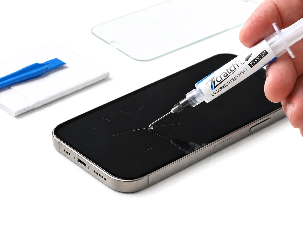 Targeted adhesive application along a scratch on a smartphone display