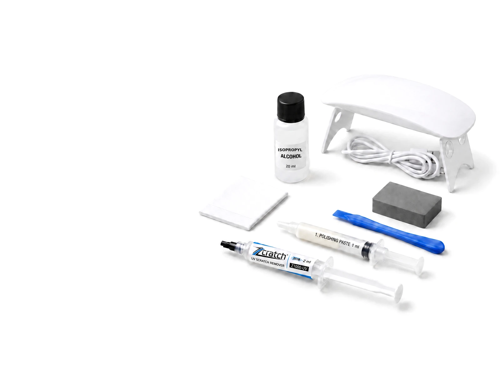 Zcratch smartphone/tablet test kit with UV lamp, syringes and tools